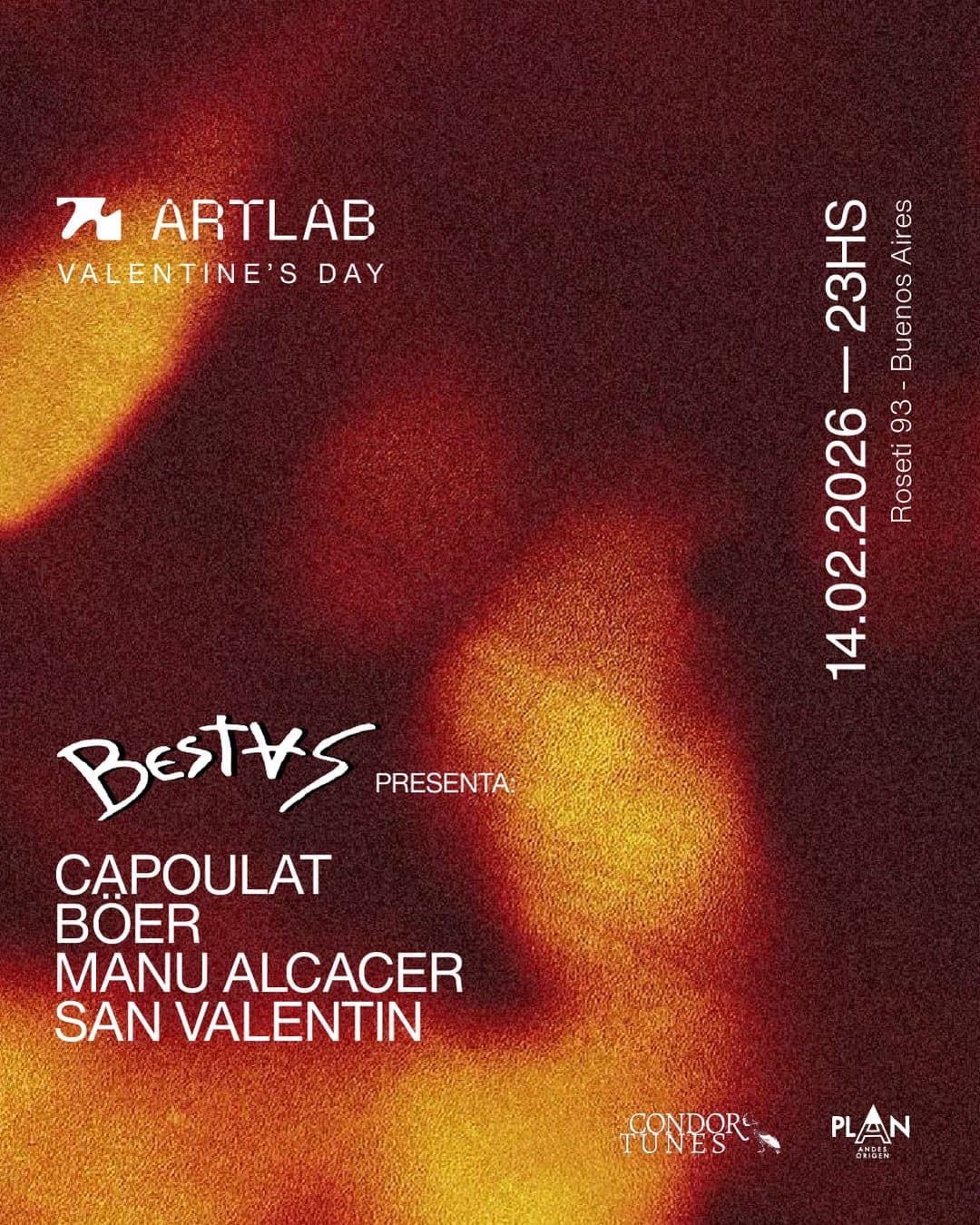 Flyer de Artlab Valentine's Day, 14.02.2026 a las 23 hs, Roseti 93. BESTAS presenta: Capoulat, Böer, Manu Alcacer y San Valentin.
